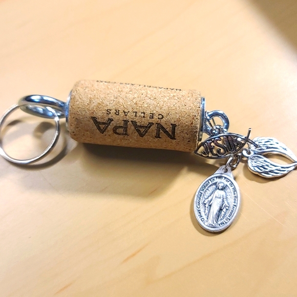 Religious Cork Key Chain - Assorted Christian charms - Converted Wine Cork - Picture 1 of 2